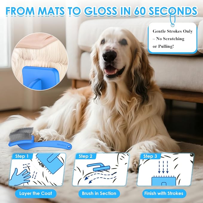 Large Dog Slicker Brush for Goldendoodles, Poodles - 3 in 1 Grooming Kit with Undercoat Rake, Comb - Extra Long Pins for Dematting Great Pyrenees, Thick Coats, Shedding, Detangling, Blue