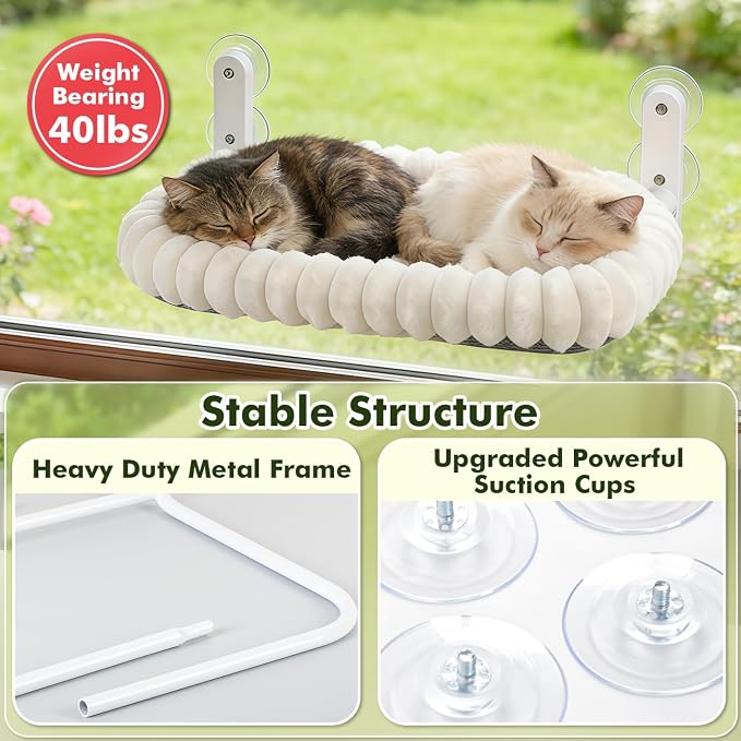Zoratoo 2PC Cat Window Perch with Bolster Foldable Cat Hammock Cushion Bed for Window with Metal Frame, Cloud-Cuddle Cordless Window Resting Seat for Indoor Cats (Cushion Bed, White-L)