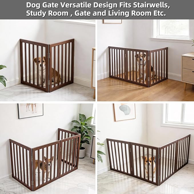 Dog Gate Indoor, Freestanding Dog Fence for The House, Doorways, Hallways,or Stairs,Pet Gate Foldable Wooden,Expandable 32" Height 2 Panels,Brown