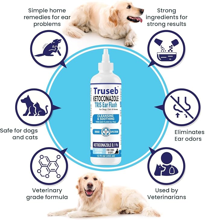 Truseb Cat & Dog Ear Infection Treatment Solution Flush – Medicated Ketoconazole TRIS with Trizmax EDTA (Tromethamine, Disodium Edta) Dog Ear Cleaner, Flush Wash (Ketoconazole Ear Infection Flush 24oz