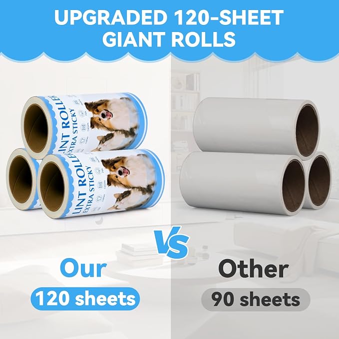 Lint Rollers for Pet Hair Extra Sticky 1200 Sheets Value Pack with 4 Handles and 10 Rolls Sticky Lint Roller for Cat Hair Dog Hair Clothes Furniture Couch