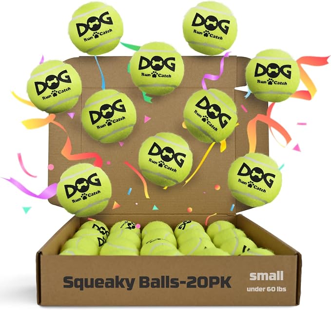 INSUM 20 Pack Small Tennis Balls for Dogs - 2 Inch Squeaky Dog Balls Toys with Mesh Bag, SGS Certified, Durable Non-Toxic, Built in Squeaker, Small Breeds