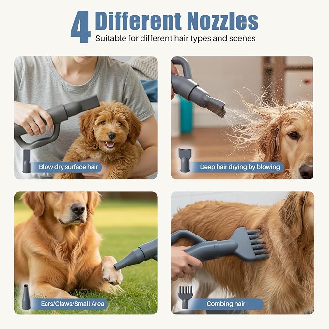 DUMOS Pet Blow Dryer Grooming Vacuum Kit, Dog Low Noise Hair Dryer with Adjustable Wind Speed & Heater Temperature, Cool-Warm-Hot Cycle Mode, 4 Nozzles, 6.5 FT Cord, Grey