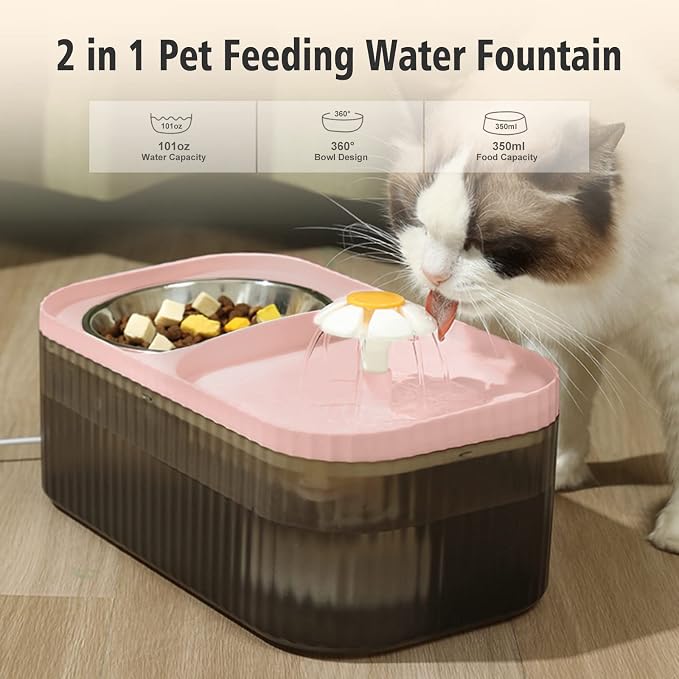 Cat Fountain Water Bowl Stainless Steel, 101oz/3L Automatic Pet Water Fountain, Dog Water Dispenser Cat Feeding Watering Supplies with 2 Filters for Cats, Dogs, Pets Pink
