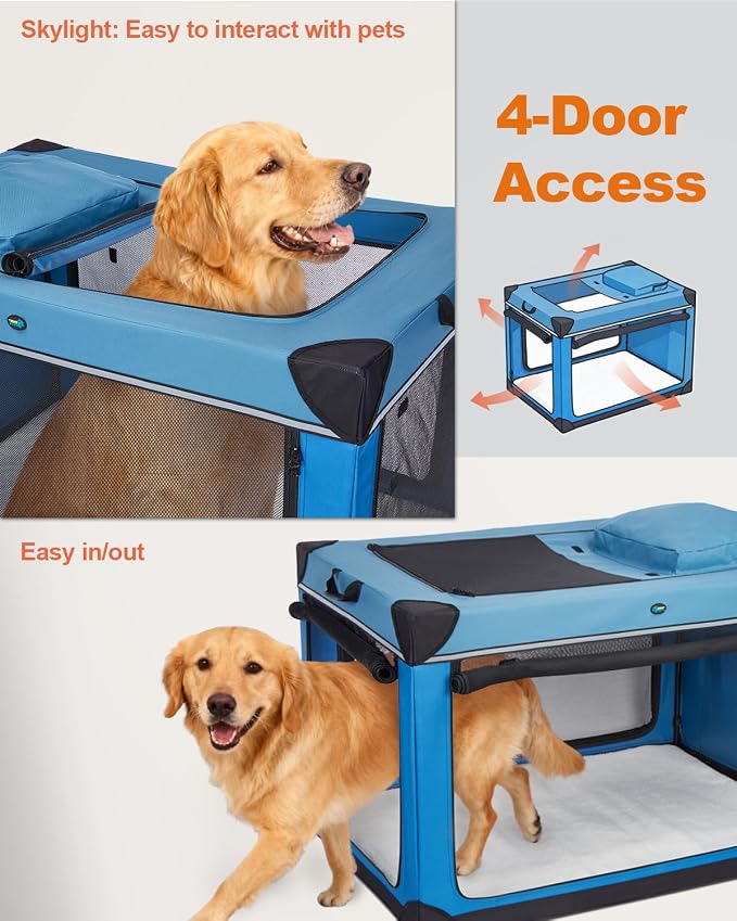 Ownpets 48 inch XXL Collapsible Dog Crate for Large Dogs, Portable Travel Dog Crate, 4-Door Foldable Pet Kennel with Durable Mesh Windows and Soft Mat, Blue