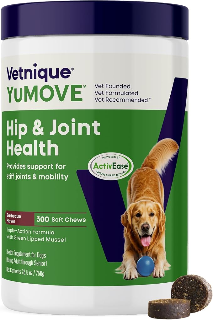 YuMOVE Adult Dog Hip & Joint Soft Chews, ActivEase Green Lipped Mussel, Glucosamine for Dogs, Hyaluronic Acid & Omega 3 - Barbecue Flavor (300ct Chews, Regular Strength)
