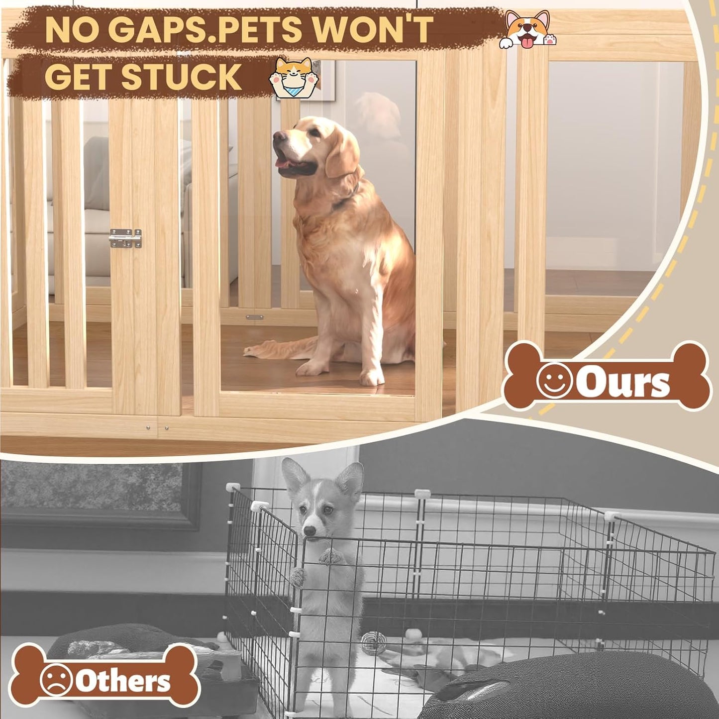 10 Panels Dog Playpen with Door, 23.6" H Pet Playpen Indoor, Clear Acrylic Puppy Playpens, Wooden Puppy Fence with Gate, Transparent Dog Pens, Pet Pen Indoor for Dogs, Cats, Rabbit (Wood)