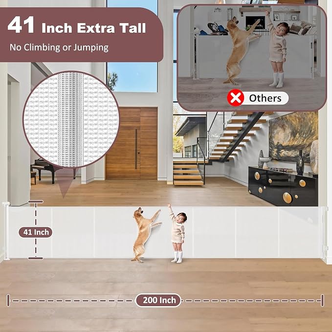 Reinforced 41 Inch Tall Retractable Baby Gates 200 Inch Extra Wide Dog Gate with Support Rods, Indoor Dog Gates for The House Extra Long Baby Gate Outdoor Retractable Gate Garage Gate, White