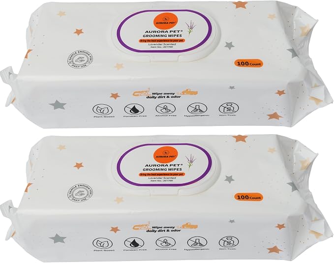 Aurora Pet Wipes – 100% Natural, Plant-Based Hypoallergenic Grooming Wipes for Dogs & Cats – Extra-Durable, Large & Thick for Effortless Cleaning (Lavender, 200 Count)