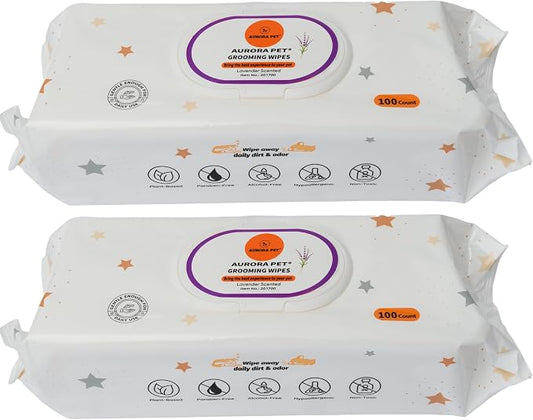 Aurora Pet Wipes – 100% Natural, Plant-Based Hypoallergenic Grooming Wipes for Dogs & Cats – Extra-Durable, Large & Thick for Effortless Cleaning (Lavender, 200 Count)