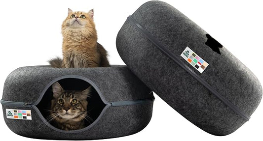 Cattasaurus Peekaboo Cat Cave Donut for Multiple & Large Cats up to 30-45 lbs, 3-in-1 Self Warming Cat Bed, Tunnel & Scratcher for Indoor Cats, Washable & Detachable (Dark Gray + Dark Gray, Large)