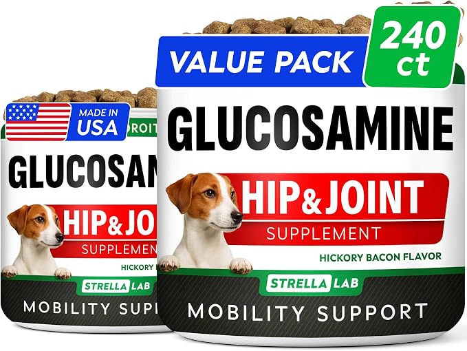 Glucosamine Treats for Dogs - Joint Supplement w/Omega-3 Fish Oil - Chondroitin, MSM - Advanced Mobility Chews - Joint Pain Relief - Hickory Bacon Flavor - Dogs & Horses - 240 Ct - Made in USA