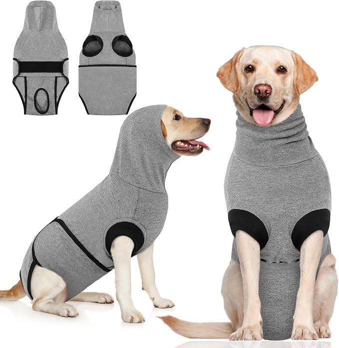 Queenmore Dog Recovery Suit, Soft Dog Surgery Shirt for Female Male Dogs,Comfy Pet Surgery Recovery Suit,Anxiety Relief Calming Vest with Ear Muffs,Grey,XL