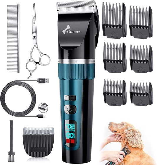 Gimars 4 in 1 Powerful 7000RPM Dog Clippers for Grooming with Replacement Blade, Professional Cordless Low Noise 55dB Pet Clippers, Dog Hair Clipper and Dog Shaver Kit for Thick Hair, Cat and Horse