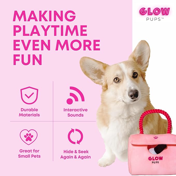 Glow Pups Dog Hide and Seek Purse Toy for Dog, Pink Purse Dog Toys Filled with Squeakers & Crinkle Material, Interactive Plush Lipstick, Dog Phone e & Nail Polish Toys for Small Dogs - Pink/Fuchsia