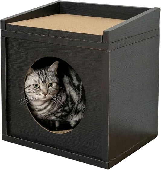 Meowdium Cat House for Indoor Cats – Cat Condo with 5X Longer-Lasting Cardboard Scratcher, 2 Scratcher Levels, Hideout & Top Lounge, Black