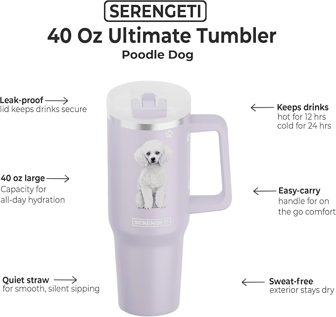 E&S Pets SERENGETI 40 Oz Ultimate Tumbler with Handle and Straw - Vacuum Insulated Tumbler with Straw and Lid - Stainless Steel Travel Mug for Pet Lovers - 3D Designs of your favorite Dog (Poodle)