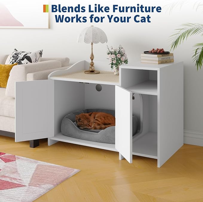 GarveeLife Cat Litter Box Enclosure Furniture, Hidden Litter Box Cabinet, Indoor Wooden Cat Washroom, Pet House, Dog Proof Hideaway Kitty Litter Box Enclosure, Side End Table with Storage, White