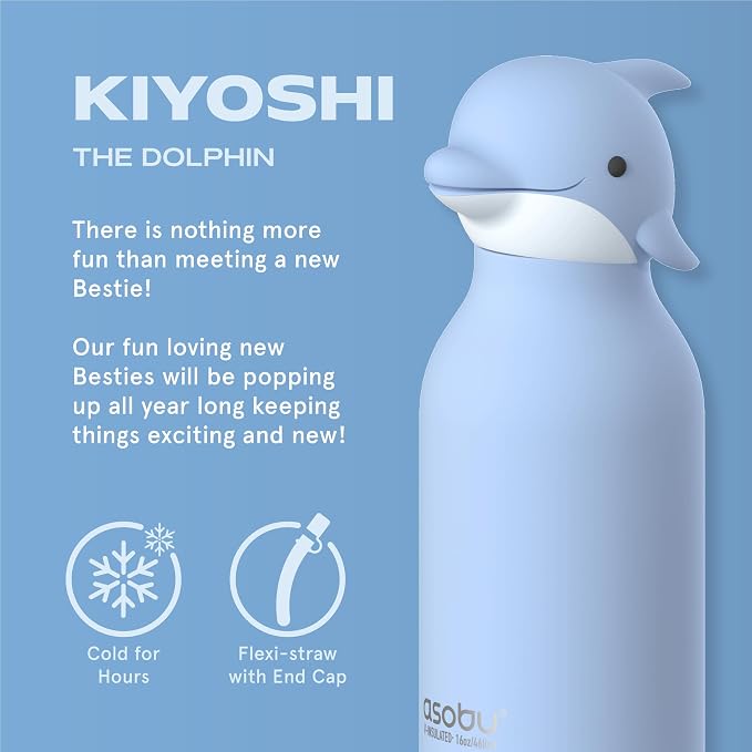 Asobu Bestie Bottle Limited Edition Collectible Kids Water Bottle with Animal Character Lid 16oz (460ml) Insulated Stainless Steel, Leakproof, Reusable with Straw Fun Gift for Girls & Boys