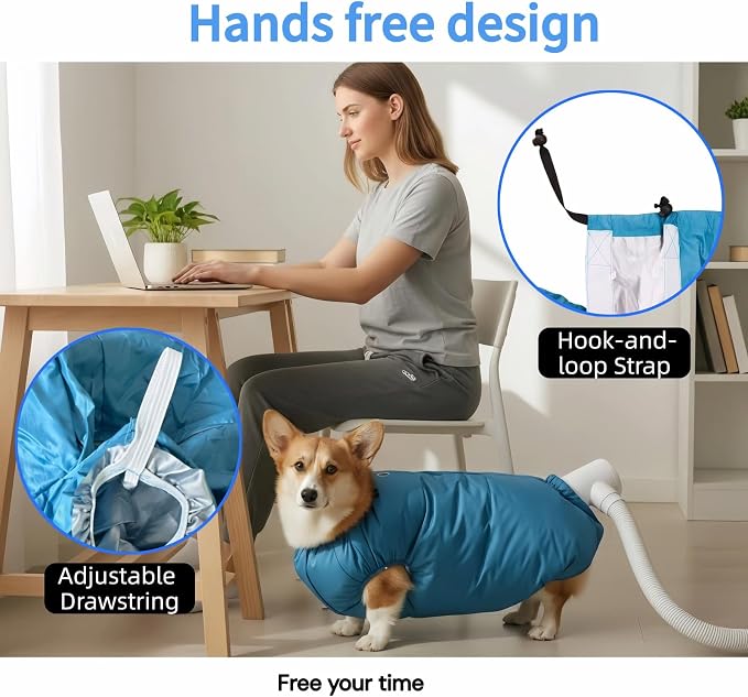 Dog Drying Bag for Large Dogs, Fast Pet Hair Dryer Kit 360° Air Circulation, Hands-Free Blow Dryer Compatible with Hair Dryer/Blower, Anti-Splash & Overheat Protection for Small Medium Large Dogs Cats