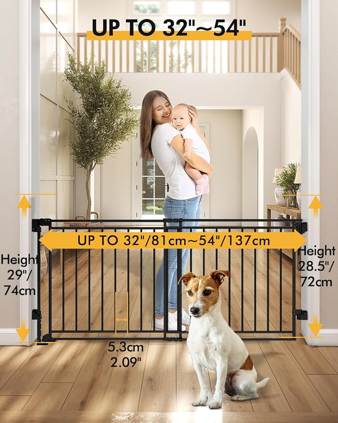 Baby Gate for Stairs, Doorways & Hallways with Auto Close – 32"-54" W x 29" H, Extra-Wide Walk Thru and No Bottom Bar for Easy Access, Adjustable Safety Gate for Dogs & Toddlers, Black