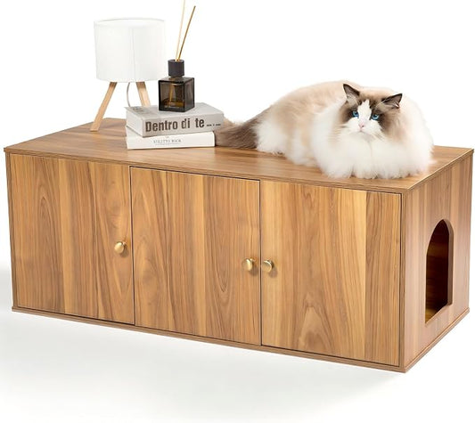 Cat Litter Box Enclosure Furniture with Storage, Hidden Litter Box Cabinet 42.5"L x 18.5"W x 16.9"H Double as Cat House TV Stand End Table for Living Room, Midcentury Modern Style (Oak, Plain Doors)