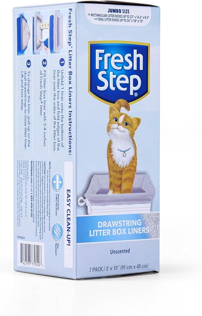Fresh Step Jumbo Drawstring Cat Litter Box Liners Unscented Heavy Duty Kitty Litter Bags X-Large Oval or Rectangle Pans Contains Mess Easy Lift Out Cleanup 36 x 19 IN 7 Count 36 Pack