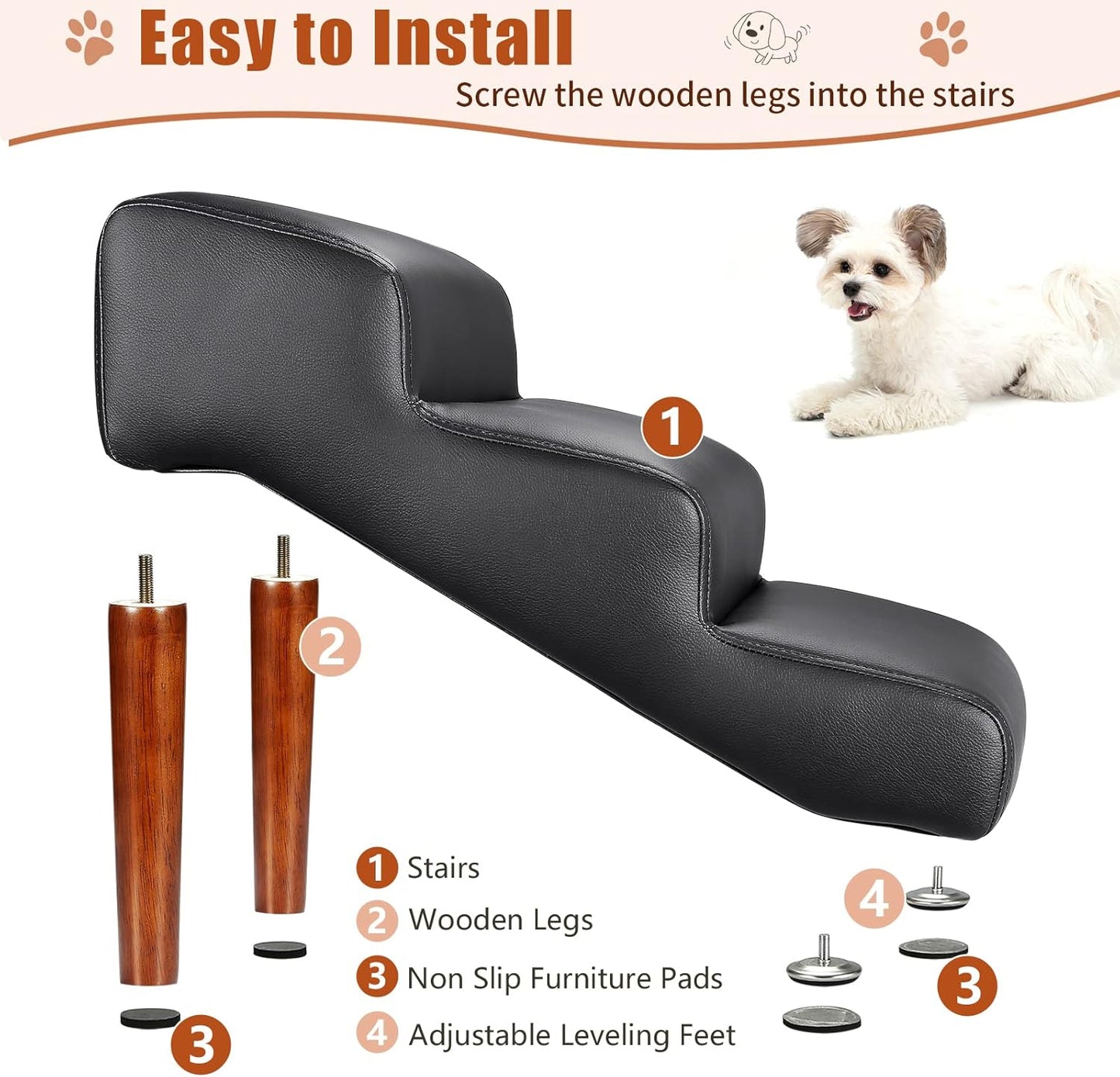 Senneny Black Faux Leather Dog Stairs, for Pets up to 150 lbs, Waterproof, Scratch Resistant Pet Steps/Stairs with High Density Foam and Detachable Wooden Legs, Black, 3 Step