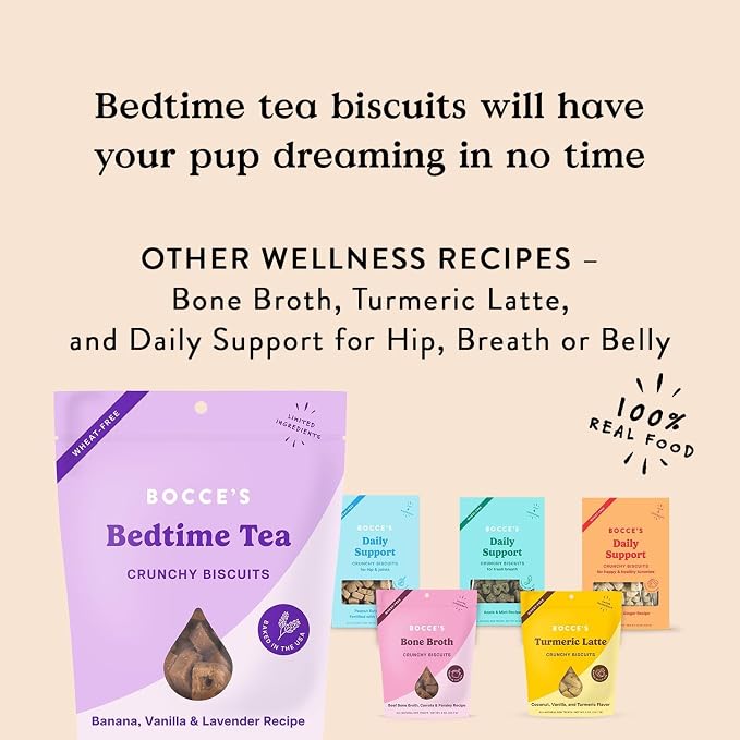 Bocce's Bakery Bedtime Tea Treats + Calming Supplement Bundle for Dogs – All-Natural, Wheat-Free Biscuits & Stress Support with Chamomile, Lemon Balm, L-Theanine – Real Ingredients Baked in The USA