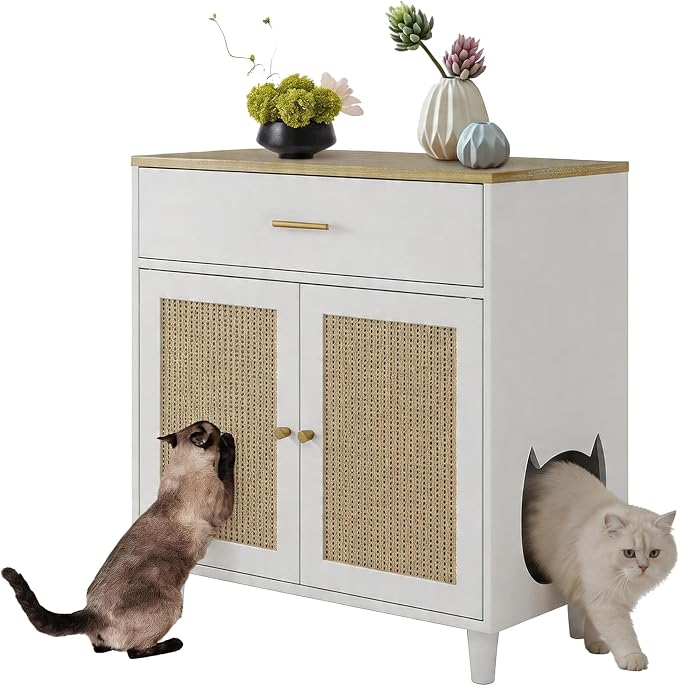 PeakPursuit Hidden Litter Box Enclosure Furniture, 31.5'' Wooden Self Cleaning Litter Box Cabinet with Storage Drawer and Sisal Doors, Corner Cat Kitten Cabinet Side Table White