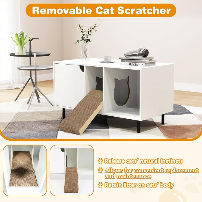 PETSITE Cat Little Box Enclosure, Litter Box Furniture with Removable Scratcher, Metal Legs, Cat Box Enclosure End Side Table, Hidden Litter Box Furniture, 40 x 21 x 22 inches (White)
