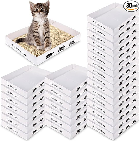 Amyhill 30 Pack Disposable Cat Litter Box 13.8x10x2in Foldable Paper Kitty Trays Bulk Portable Water Proof Cardboard Boxes for Cats Rabbits Guinea Pig Hamster Pets Travel Indoor Supplies (White)