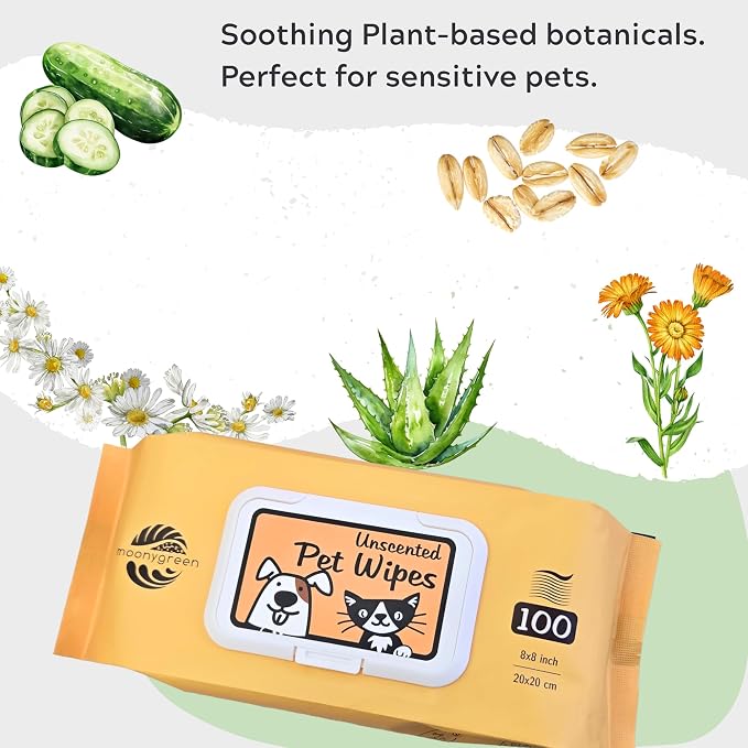 Pet Wipes for Dogs & Cats – Hypoallergenic & Gentle – with Aloe, Oat Extract, Chamomilla, Cucumber, Calendula & Vitamin E – for Cleaning Paws, Face & Body – Unscented – 100 Count