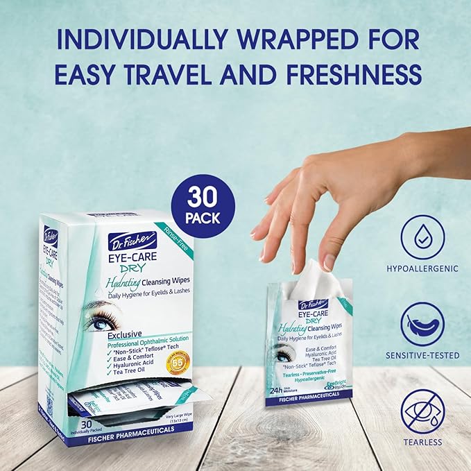 Dr. Fischer Tea Tree Eyelid Wipes - Gentle Eye Wipes for Everyday Eye Cleansing and Hypoallergenic Makeup Remover (60 Wipes)