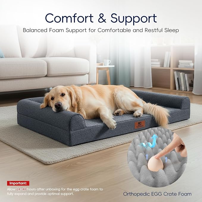 Sytopia Indestructible Chew Proof Orthopedic Sofa Dog Bed for Extra Large Dogs 42x30 Inch, XL Waterproof Foam Pet Couch Bed with Sides, Egg Crate Foam Dog Bed with Washable Removable Cover, Dark Grey
