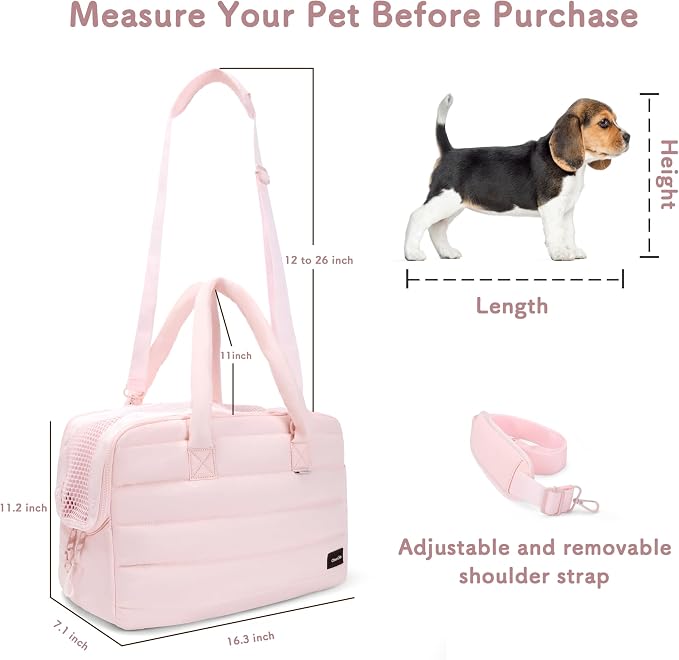 Dog Purse Carrier for Small Dog Cat Rabbit up to 13 lbs, Lightweight Portable Soft Sided Pet Purses, Quilted Puffy Tote Puppy Carrier with Large Pockets for Hiking, Travel, Vet Pink
