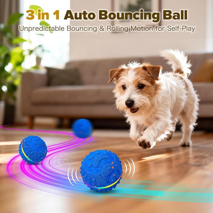 Interactive Dog Toys Ball, Self-Rolling & Bouncing Ball with RGB Colorful Lights to Keep Them Busy, 3-in-1 Interactive Mode, E-TPU Material, Type-C Charging, Moving Dog Toy for Dogs Puppies (Blue)