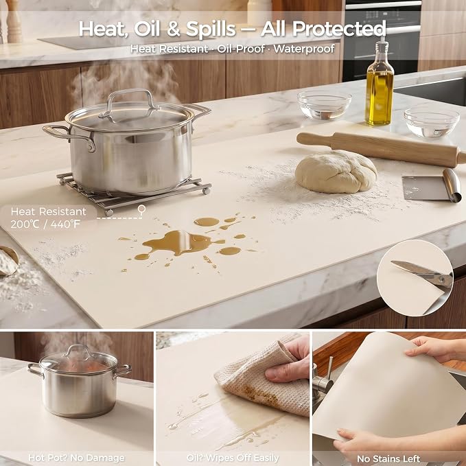 Extra Large Silicone Mat for Countertop & Table with Gift Tube Packaging, Thickened Non-Slip Heat Resistant Table Protector, Cuttable Waterproof Kitchen Prep & Kids Craft Mat