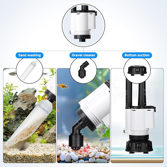 AQQA Electric Aquarium Gravel Cleaner, 8-in-1 Fish Tank Vacuum, Water Changer Sand Washer Algae Brush Turtle Shower Filter, Automatic Cleaning Kit for Freshwater Saltwater, 30W/480GPH