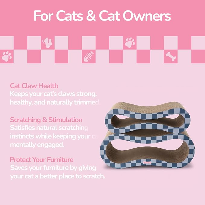 Suvi 26" Modern Cardboard Infinity 2-in-1 Lounge Bed Cat Scratcher with Catnip, Navy/Blue Checker, Corrugated Surface and Tunnel for Indoor Cats CSR1014J