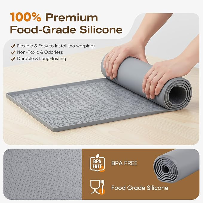 TRZZ Silicone Waterproof Under Sink Mat 22" x 19", Drip Tray and Cabinet Liner for Kitchen and Bathroom, Prevents Water Damage and Organizes Cabinets (Beige)