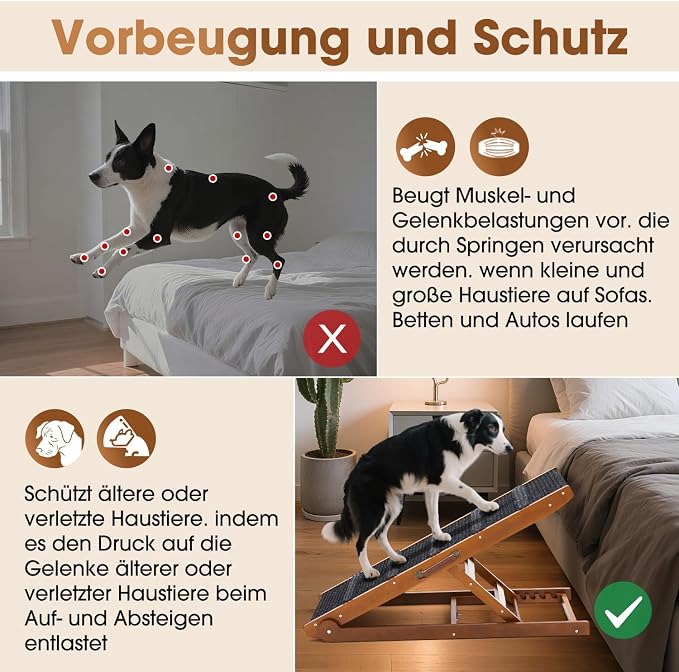 Dog Ramp for Bed - Foldable Small to Large Dog Ramp for Couch - 6 Adjustable Height from 12" to 24" - Stairs with High Traction Mat - Wooden Ramp for Dogs to Get on Bed Couch Car Up to 200LBS（Walnut）
