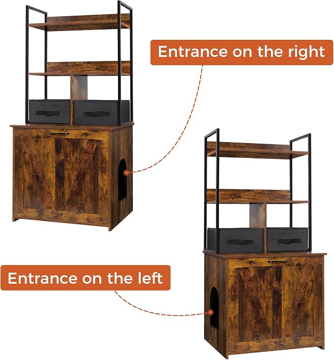 Dwanton Litter Box Enclosure with 2 Storage Shelves and 2 Drawers, 2-in-1 Hidden Cat Litter Box Enclosure Furniture with Shelf, Reversible Entrance, Washable Drawers, 50-Inch, Rustic Brown