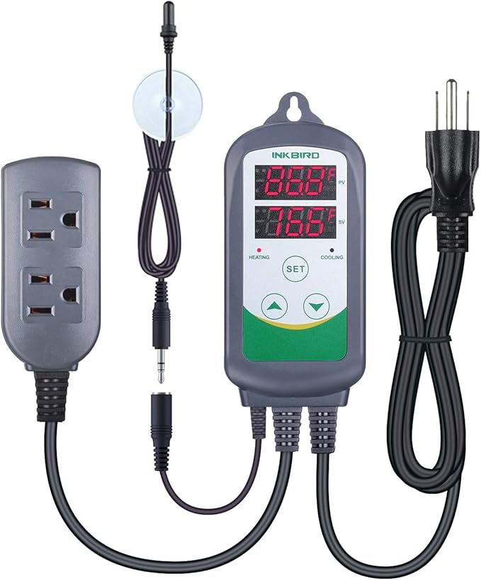 Inkbird ITC308S Temperature Controller for Aquarium with Submersible Probe, Heating Cooling Outlets Thermostat for Heater and Cooling Fans