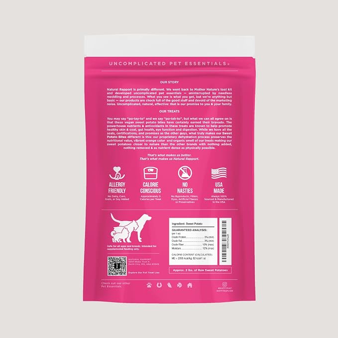 Natural Rapport Dehydrated Sweet Potato Bites Dog Treats - Single Ingredient, Grain-Free, High Fiber Healthy Snack (8 oz)