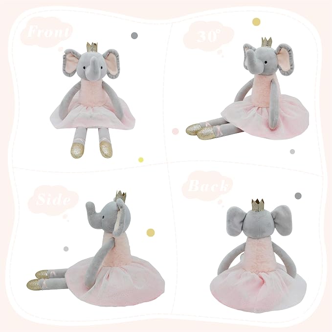 Princess Elephant Stuffed Animals,15.7" Pink Stuffed Elephant Plush with Skirt and Crown,Cute Doll for Girls