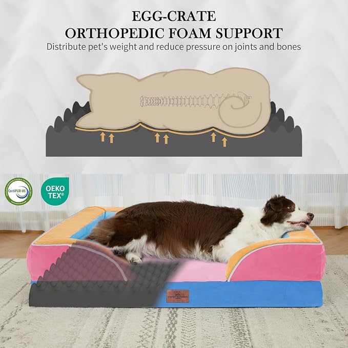 Comfort Expression Orthopedic Dog Bed for Extra Large Dogs 42x30 Inch, Waterproof Egg Crate Foam XL Pet Bed with Bolsters, Dog Couch with Washable Cover & Non-Slip Bottom, Bubblegum Cove