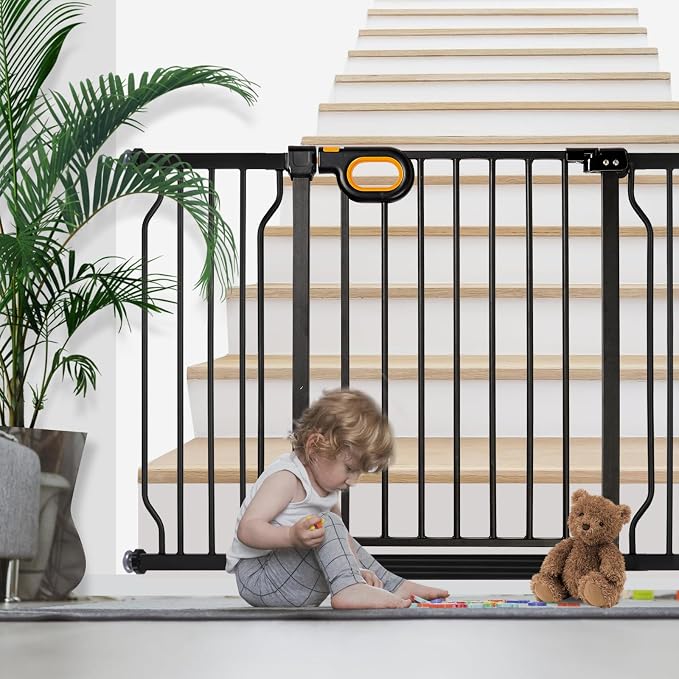 owlie Baby Gate Indoor 29-57'' Wide, Adjustable Safety Gate for Stairs No Drilling Baby Gate with Door Pet Pressure Mount Gate for Kids Dogs Extension Kit Stairway Doorway Black (30.5'' Tall)