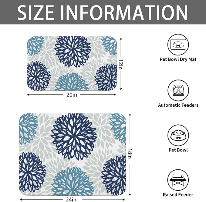 Dog Food Mats 2 Pack for Floors, Absorbent and Quick-Drying Pet Cat Food Mat,Anti-Fouling and Easy-to-Clean Pet Feeding Mat,Dog Bowl Mat for Messy Drinking Water Bowls 12"x 20"+18x24