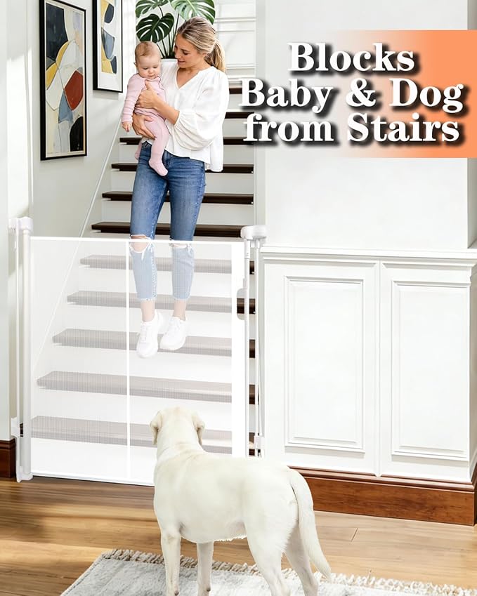55" Wide Retractable Baby Gate for Stairs, 42" Extra Tall Retractable Dog Pet Gate with Support Rods, Mesh Screen Child Safety Gate for Doorways Hallways Deck Porch, Outdoor Indoor Use